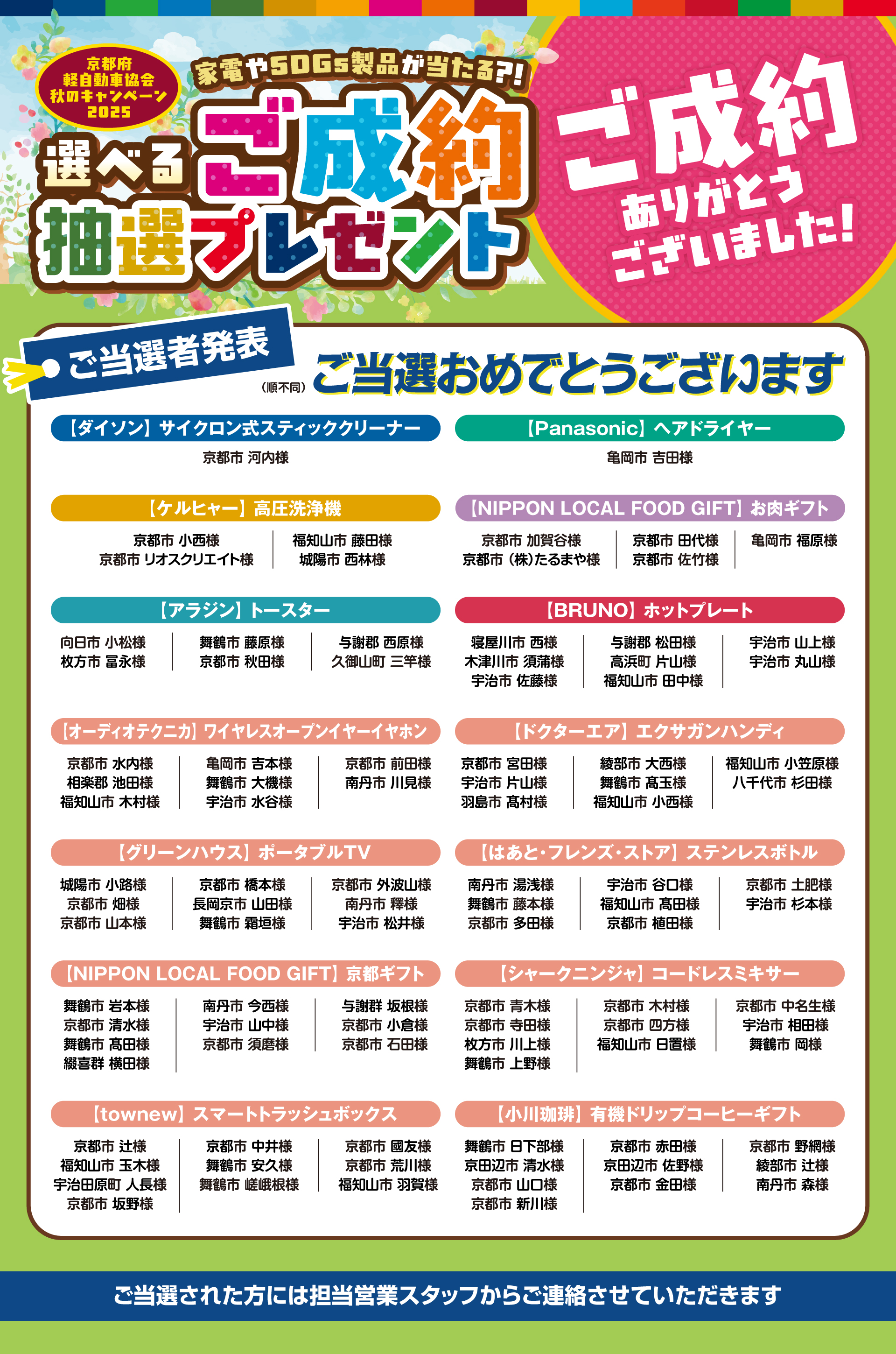 京都府軽自動車協会 秋のキャンペーン2025 選べる！ご成約抽選プレゼント ご当選者発表！
		たくさんのご成約・ご応募ありがとうございました！ご当選された方には担当営業スタッフからご連絡させていただきます。